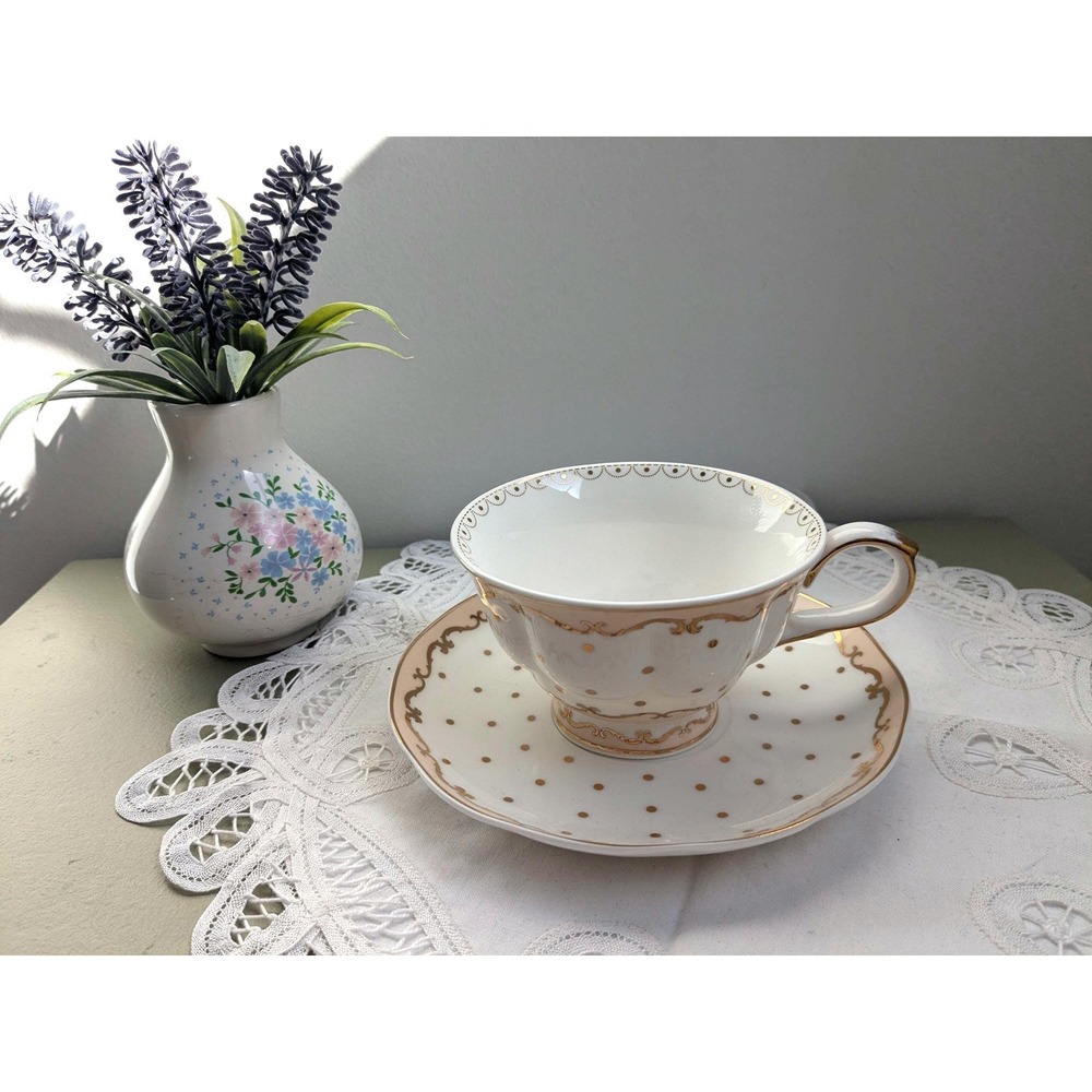 Vintage Mimi Teacup and Saucer Set‎ | Pink Flower Cup | Gold Polka Dot Porcelain